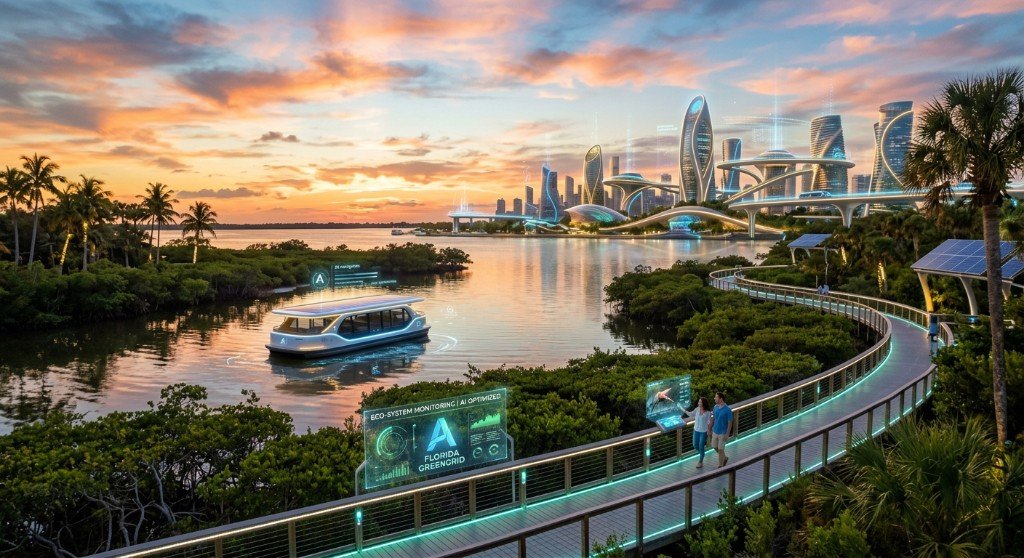 Futuristic Florida coastal tech landscape — neon teal waterways, mangrove wetlands, and sunset glow over a sustainable smart-city horizon